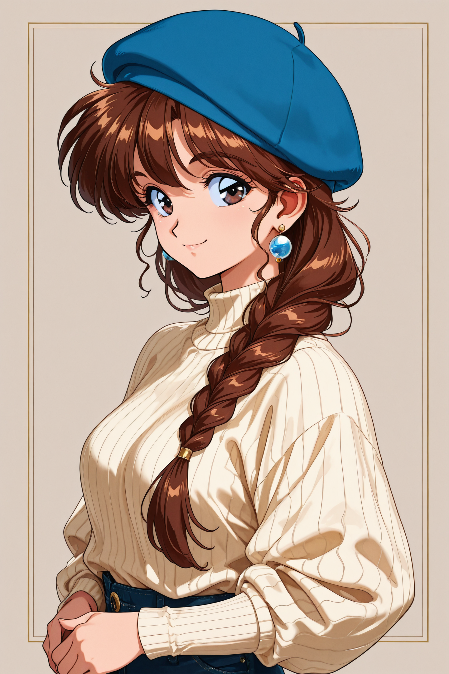 41952-3728040380-1girl,solo,brown hair,jewelry,earrings,hat,sweater,upper body,smile,long hair,braid,blue headwear,looking at viewer,long sleeves.png